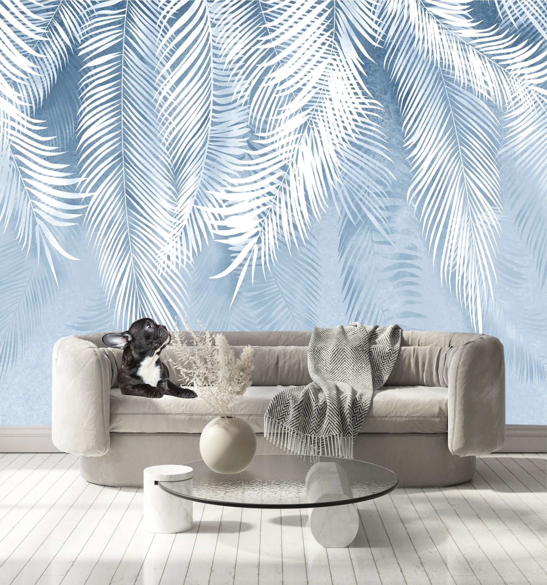фото Фотообои dekor vinil пальмовые листья в голубых оттенках 300х270 см