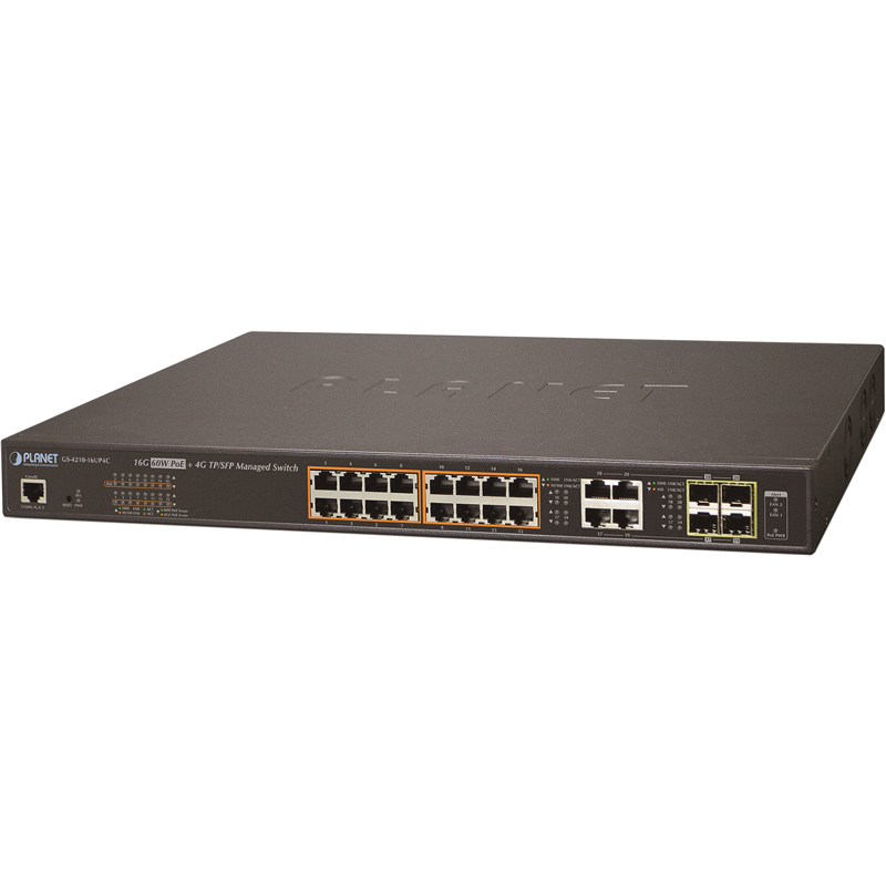 

коммутатор/ PLANET IPv6/IPv4, 16-Port Managed 60W Ultra PoE Gigabit Ethernet Switch + 4-Po, GS-4210-16UP4C