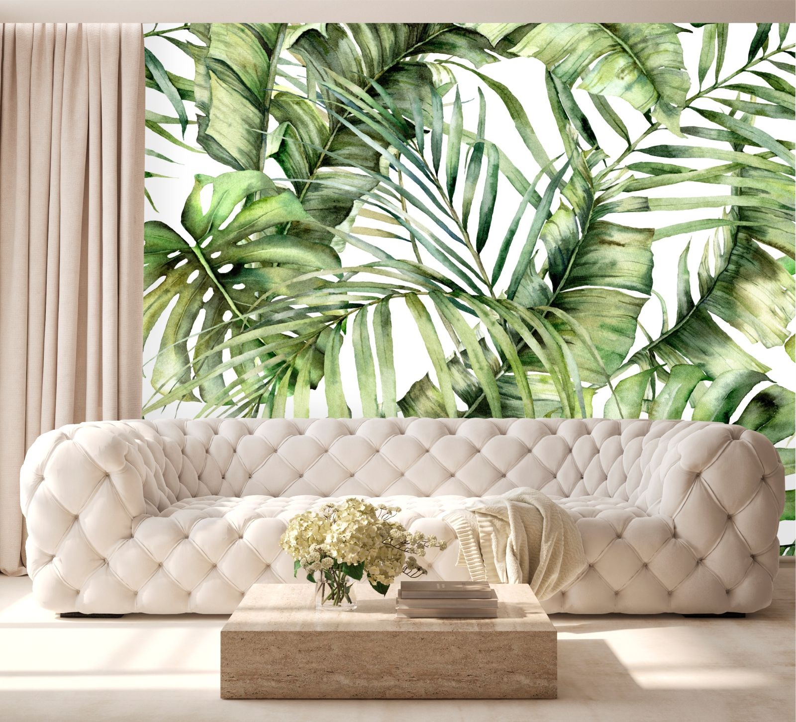 Фотообои Dekor Vinil Акварельные зеленые листья пальмы на белом фоне 300х270 см