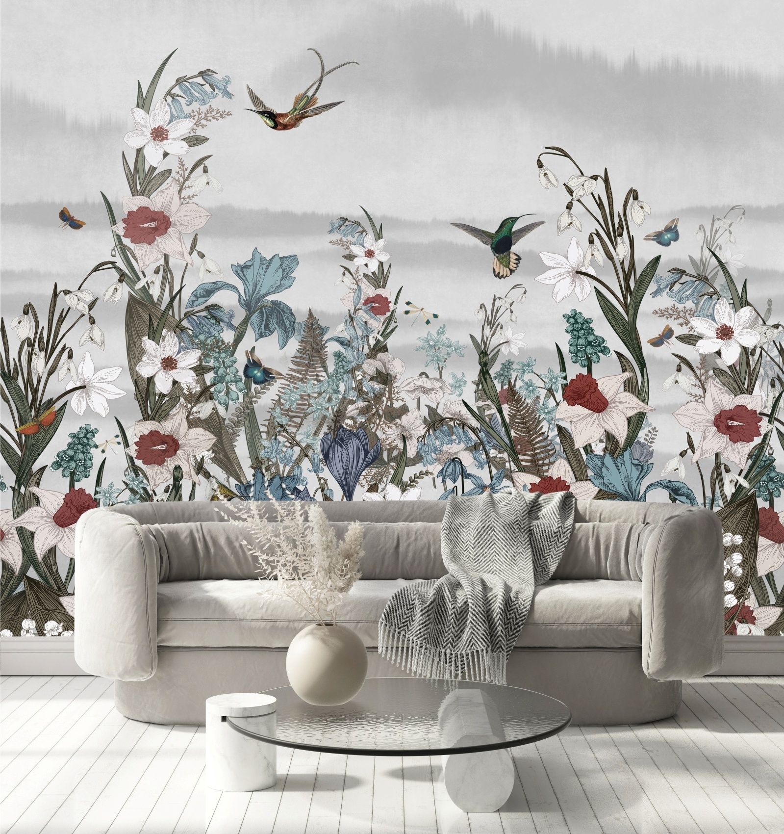 Фотообои Dekor Vinil Цветы, птицы и бабочки на сером фоне 300х270 см пластиковая отделочная терка dekor hassan