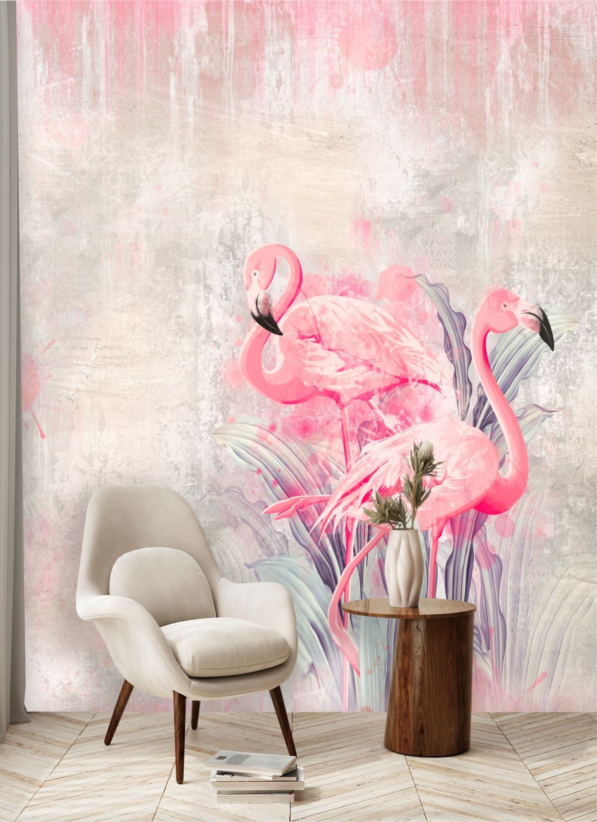 фото Фотообои dekor vinil с птицами пара фламинго на бежевом фоне 200х270 см