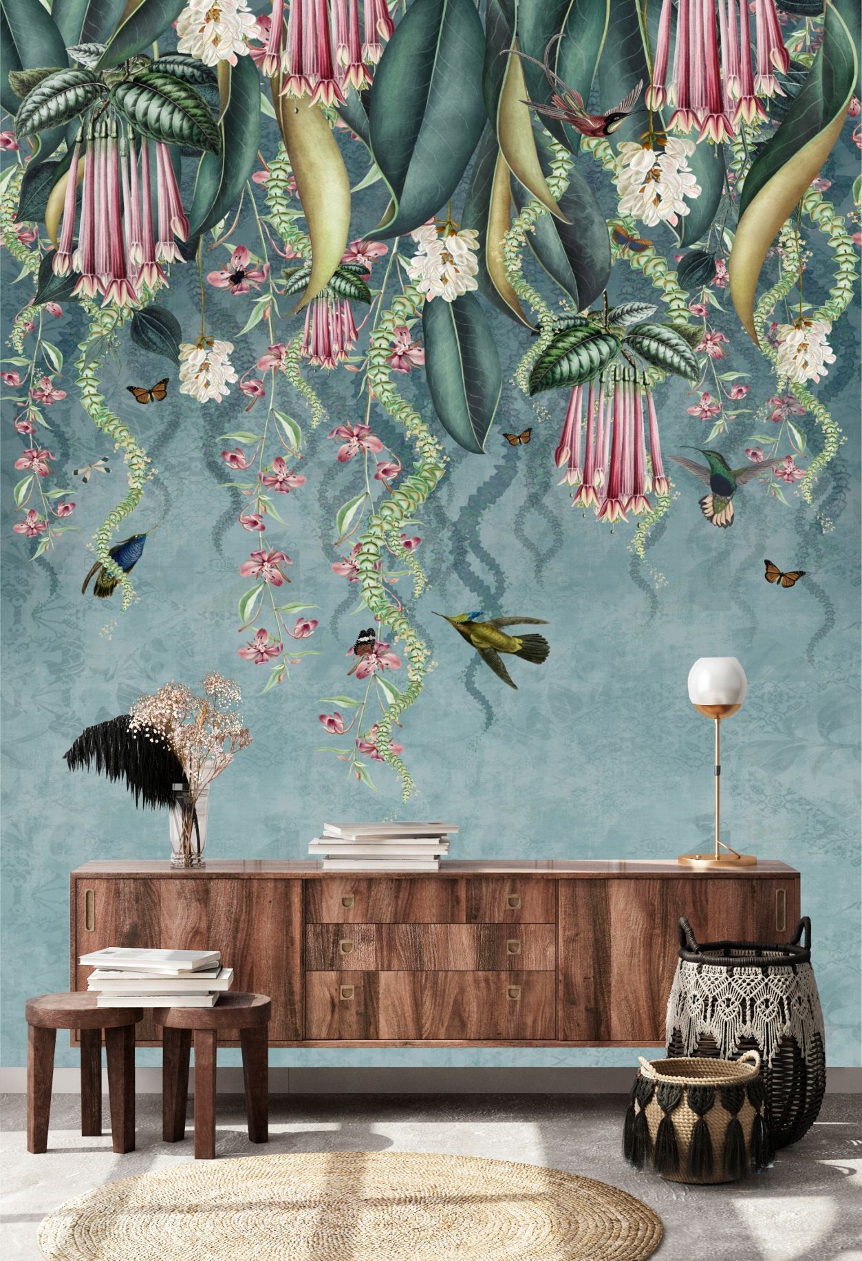 фото Фотообои dekor vinil тропический принт с листьями, цветами и птицами 200х270 см