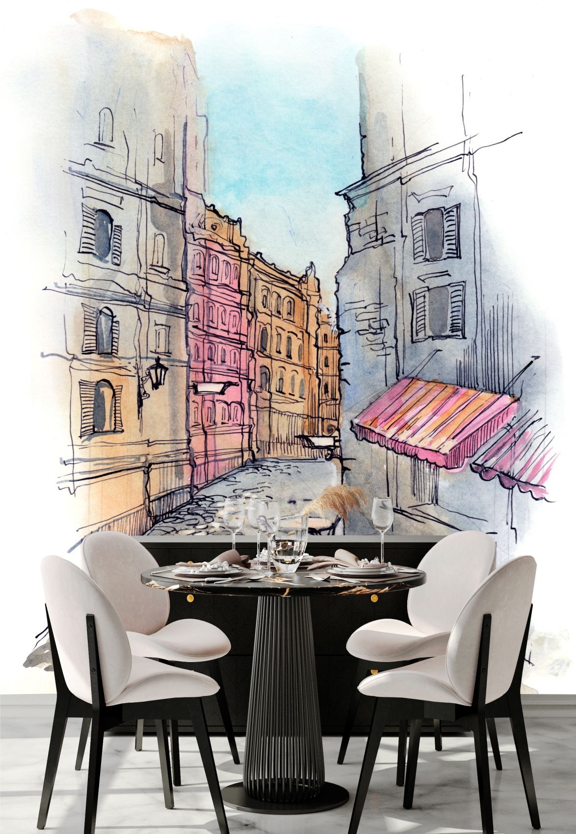 Фотообои Dekor Vinil Уличное кафе в стиле акварель на стену 200х270 см акварель в архитектурной графике уч пос