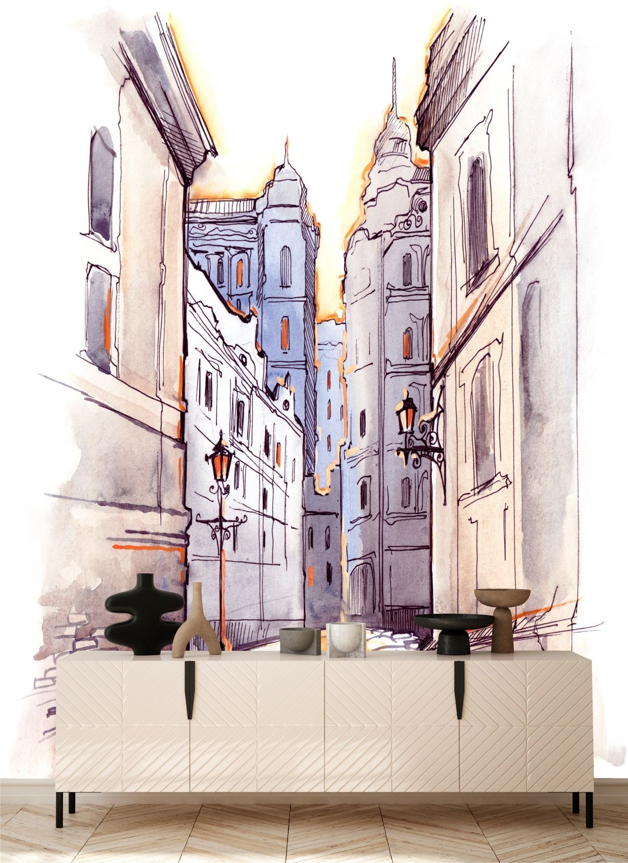 Фотообои Dekor Vinil Улица в стиле акварель на стену 200х270 см фотообои dekor vinil с городом улица в италии 200х270 см