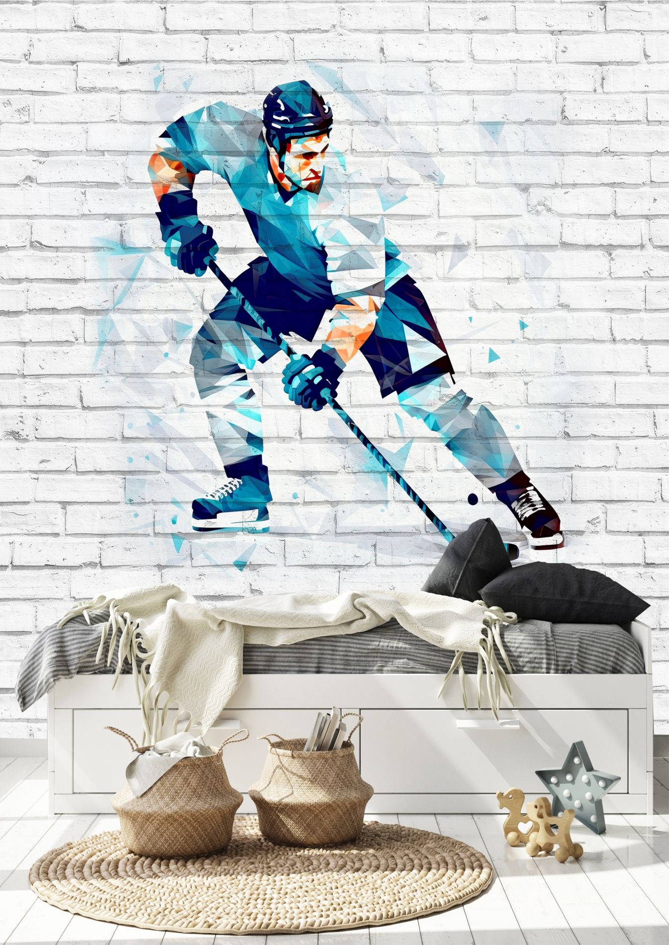 фото Фотообои dekor vinil абстрактный хоккеист на фоне кирпичной стены 200х270 см