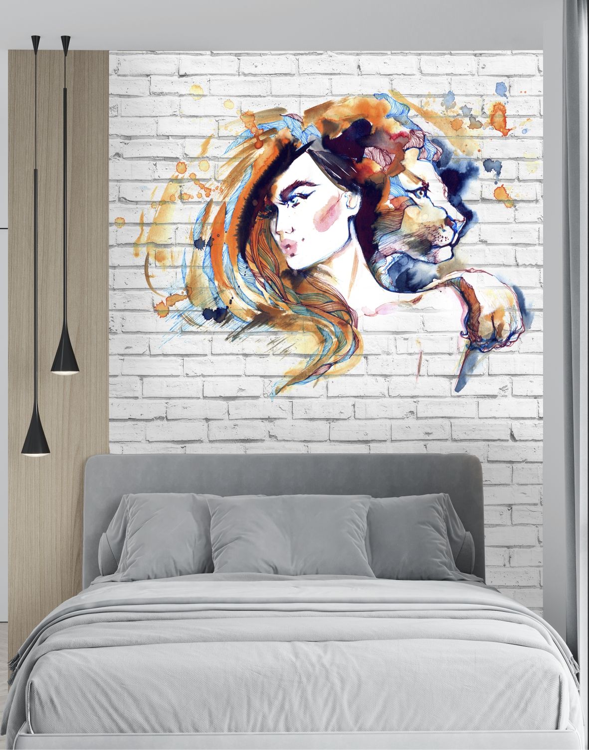 фото Фотообои dekor vinil девушка-лев на фоне кирпичной стены 200х270 см