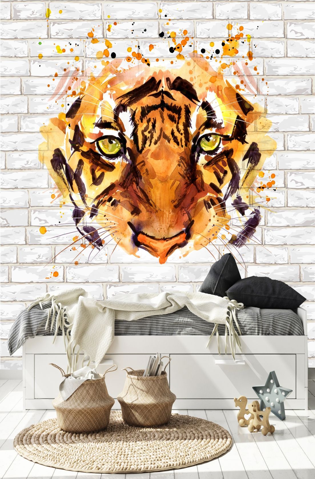 Фотообои Dekor Vinil Морда тигра на фоне кирпичной стены 200х270 см фотообои dekor vinil вид на париж 200х270 см