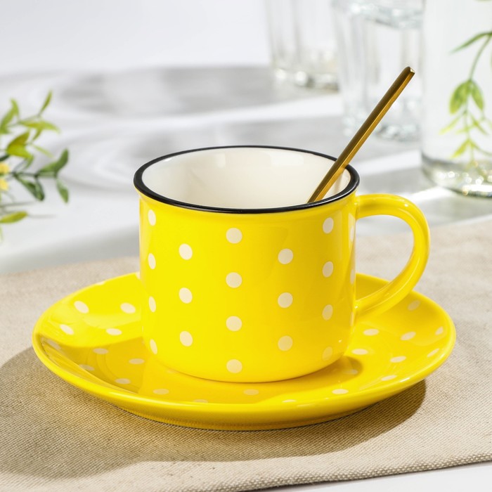 фото Чайная пара «горошек», чашка 220 мл, блюдце d=15 см, ложка, цвет жёлтый nobrand