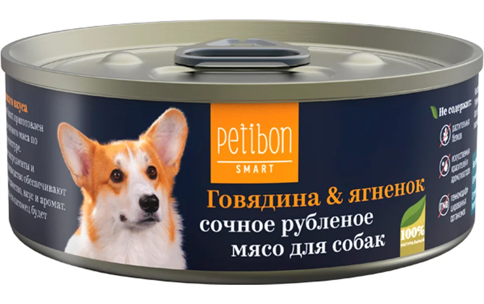 фото Влажный корм для собак petibon smart рубленое мясо с говядиной и ягненком 24шт по 100г