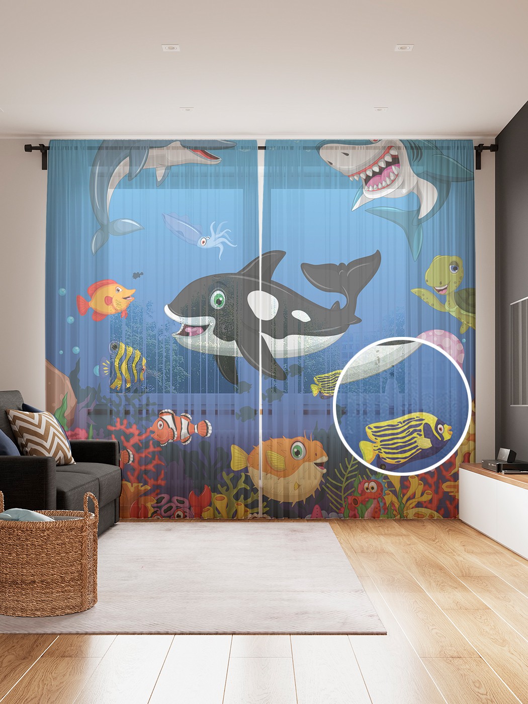 

Фототюль JoyArty "Вечеринка на морском дне", 145x265см, 2 полотна, лента, 50 крючков, Вечеринка на морском дне