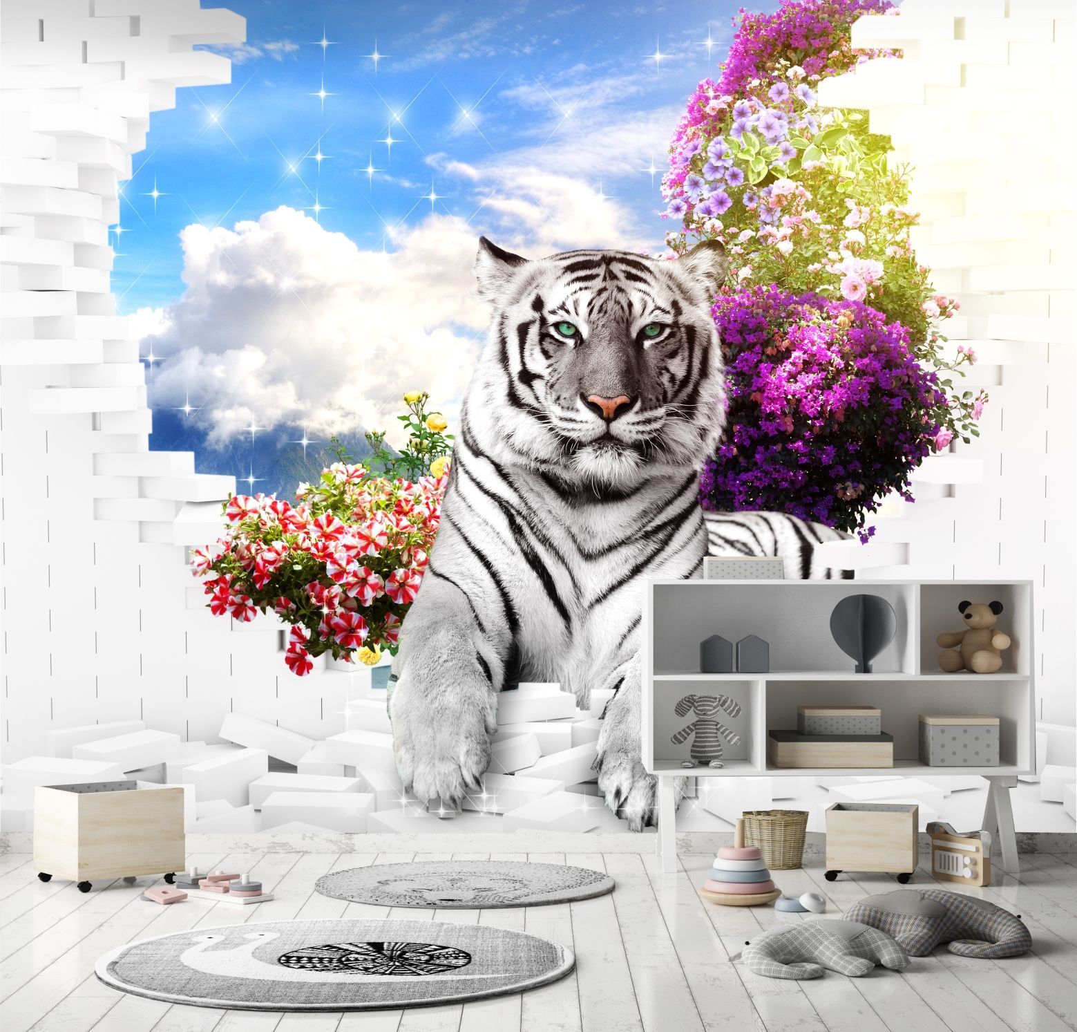 Фотообои Dekor Vinil 3D Тигр с цветами 300х270 см