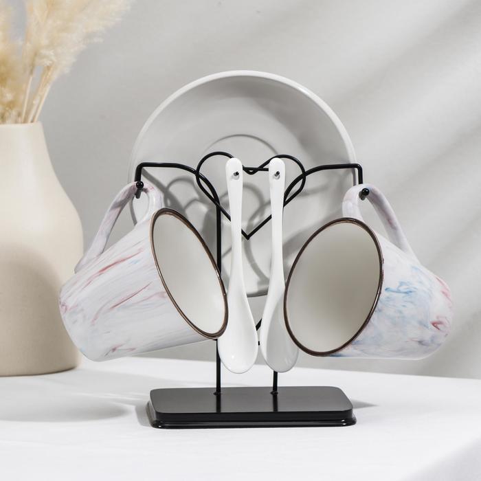 

Набор чайный «Мрамор», 6 предметов: 2 чашки 200 мл, 2 блюдца d=14 см, 2 ложки, на металлич, Белый;коричневый