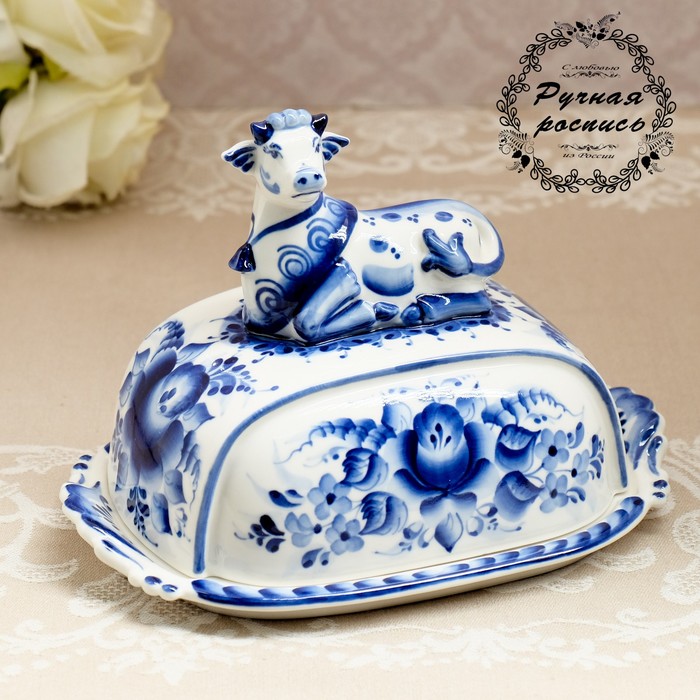 

Маслёнка "Коровка", гжель, Белый;синий