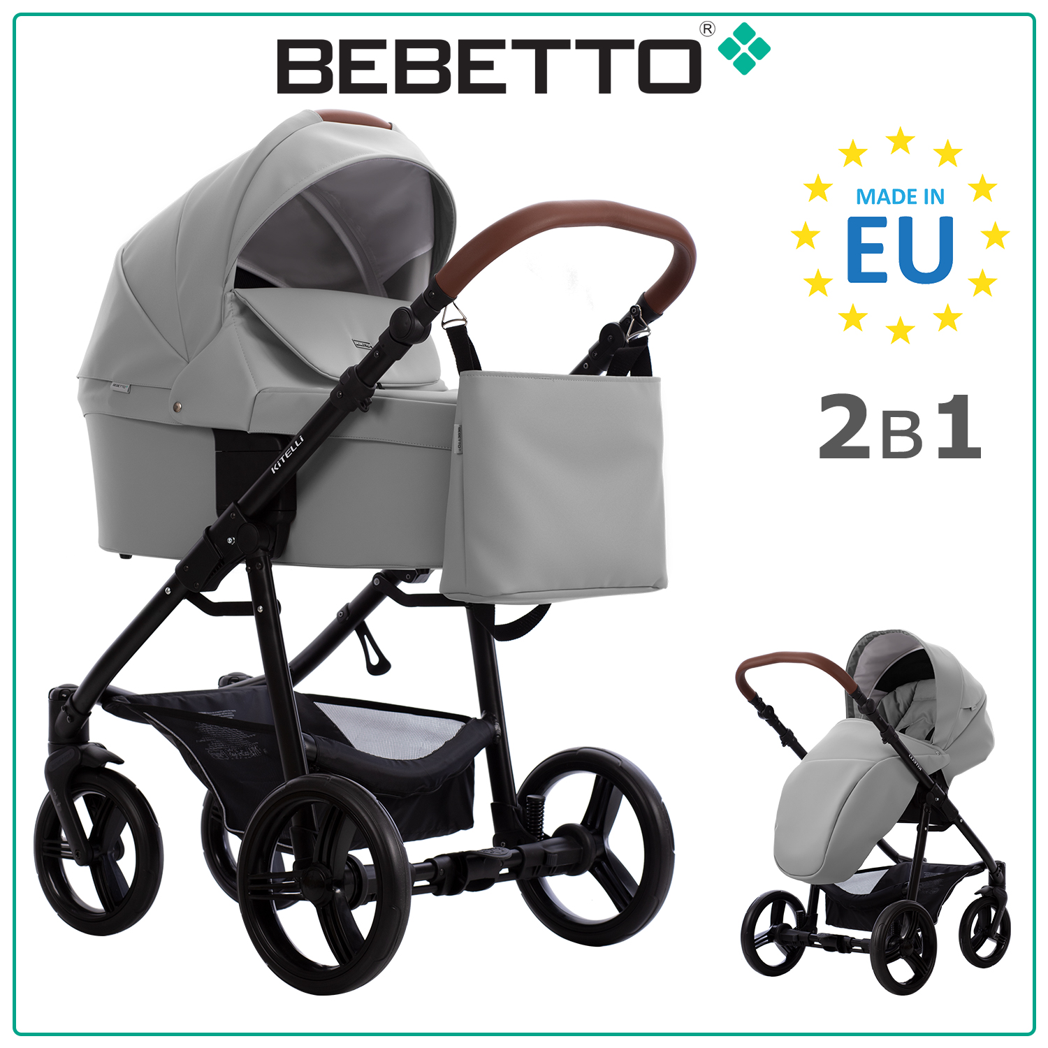 Детская коляска 2 в 1 Bebetto Kitelli PRO 02, светло-серая экокожа, рама черная