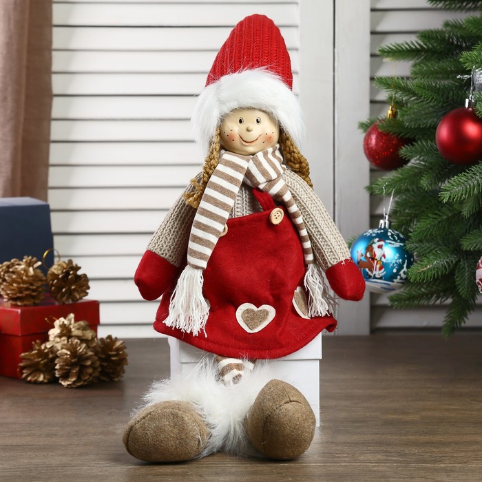Кукла интерьерная Девочка в красном колпаке и полосатом шарфике 57 см