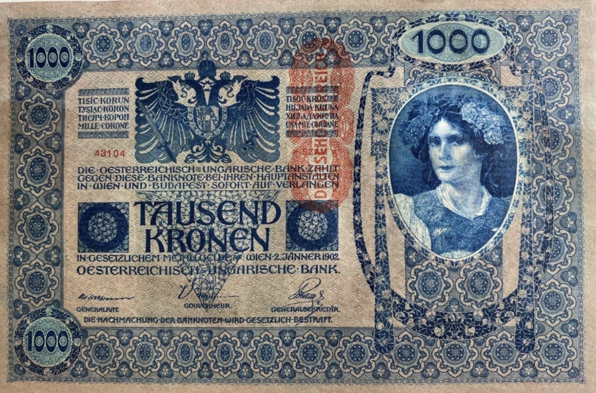 

Подлинная банкнота 1000 крон Австро-Венгрия 1902 г