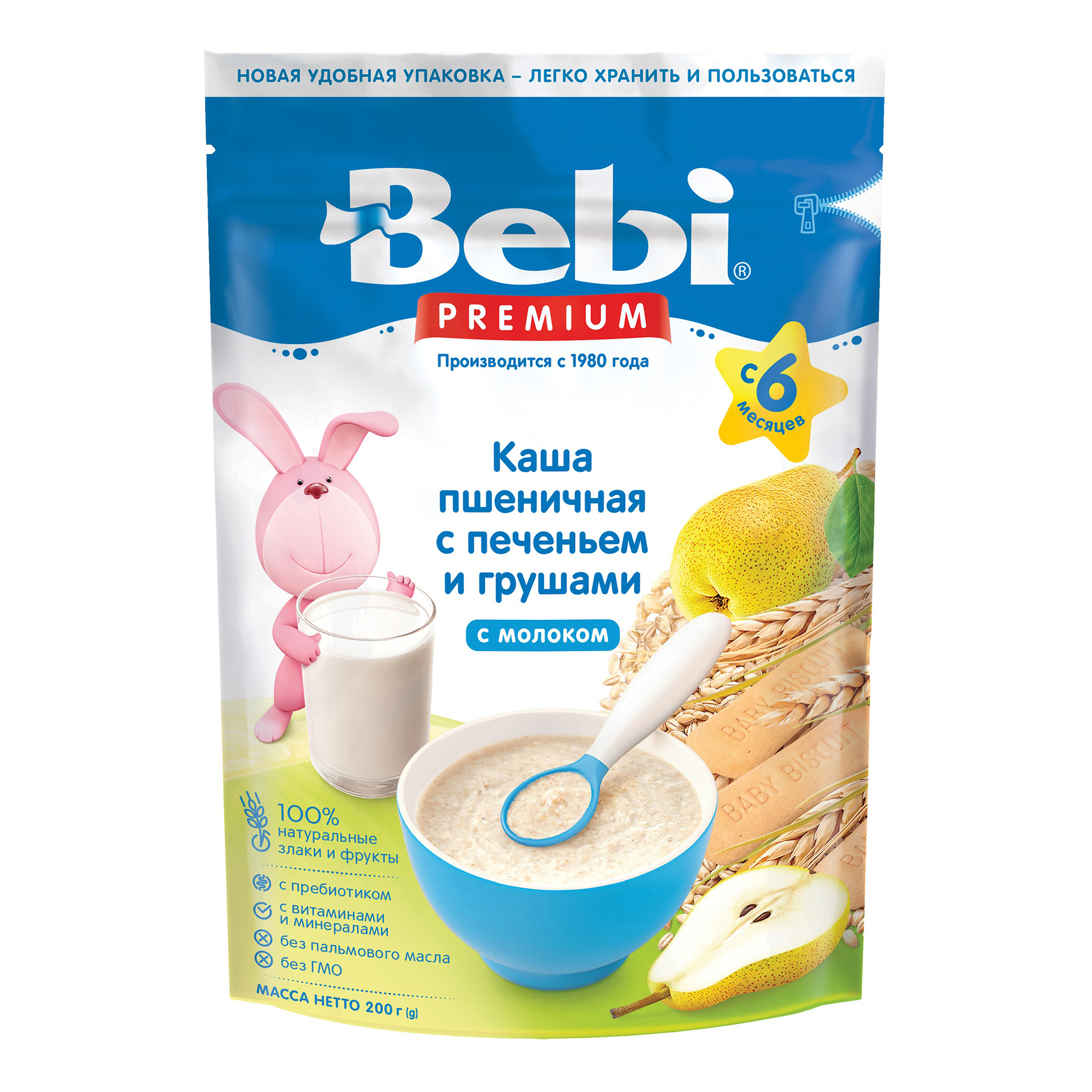 Каша Bebi Premium Каша пшеничная молочная печенье с грушами с 6 месяцев 200 г