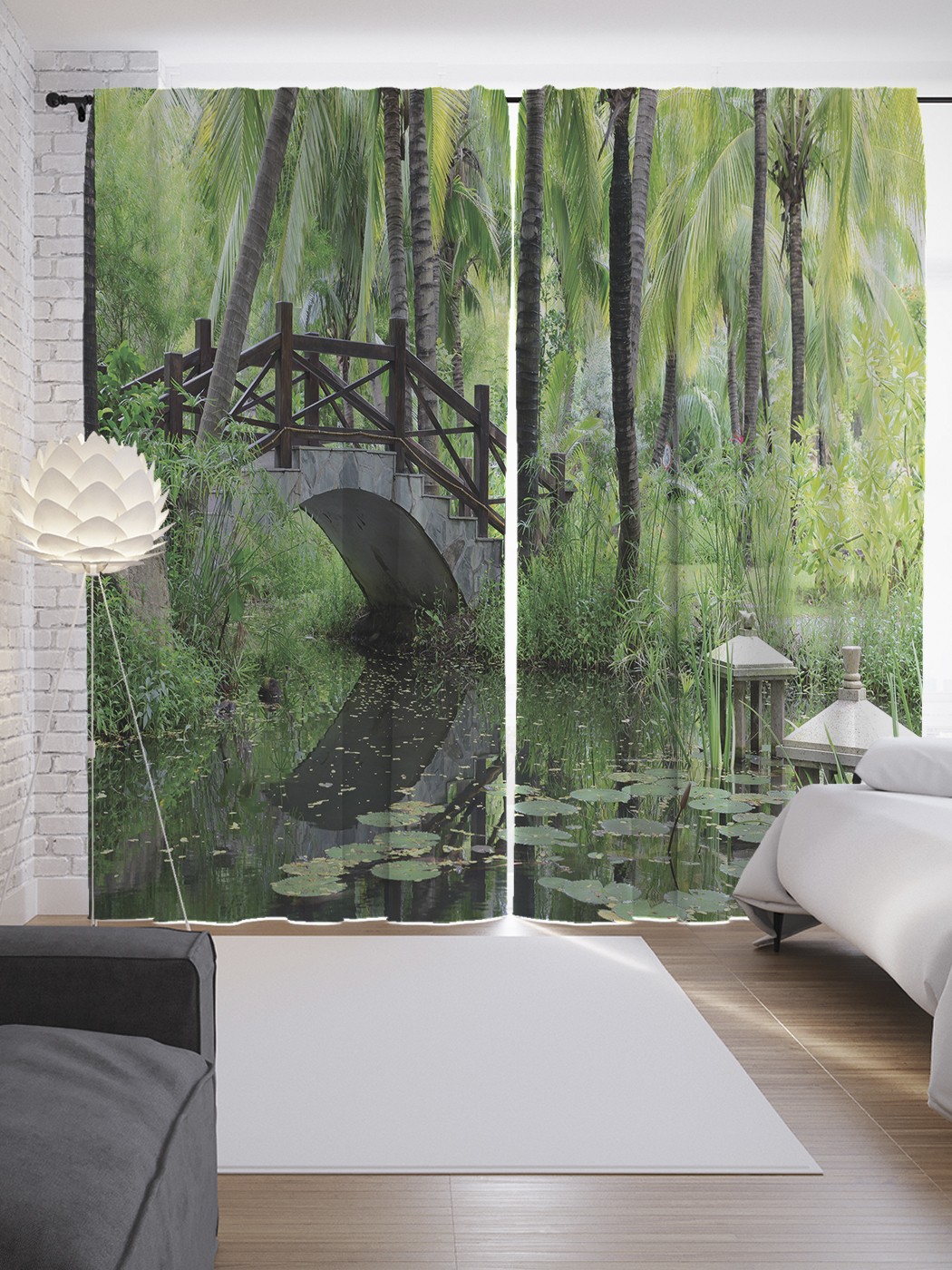 

Шторы JoyArty с фотопечатью "Мостик в парке" из сатена, 290х265 см, Мостик в парке