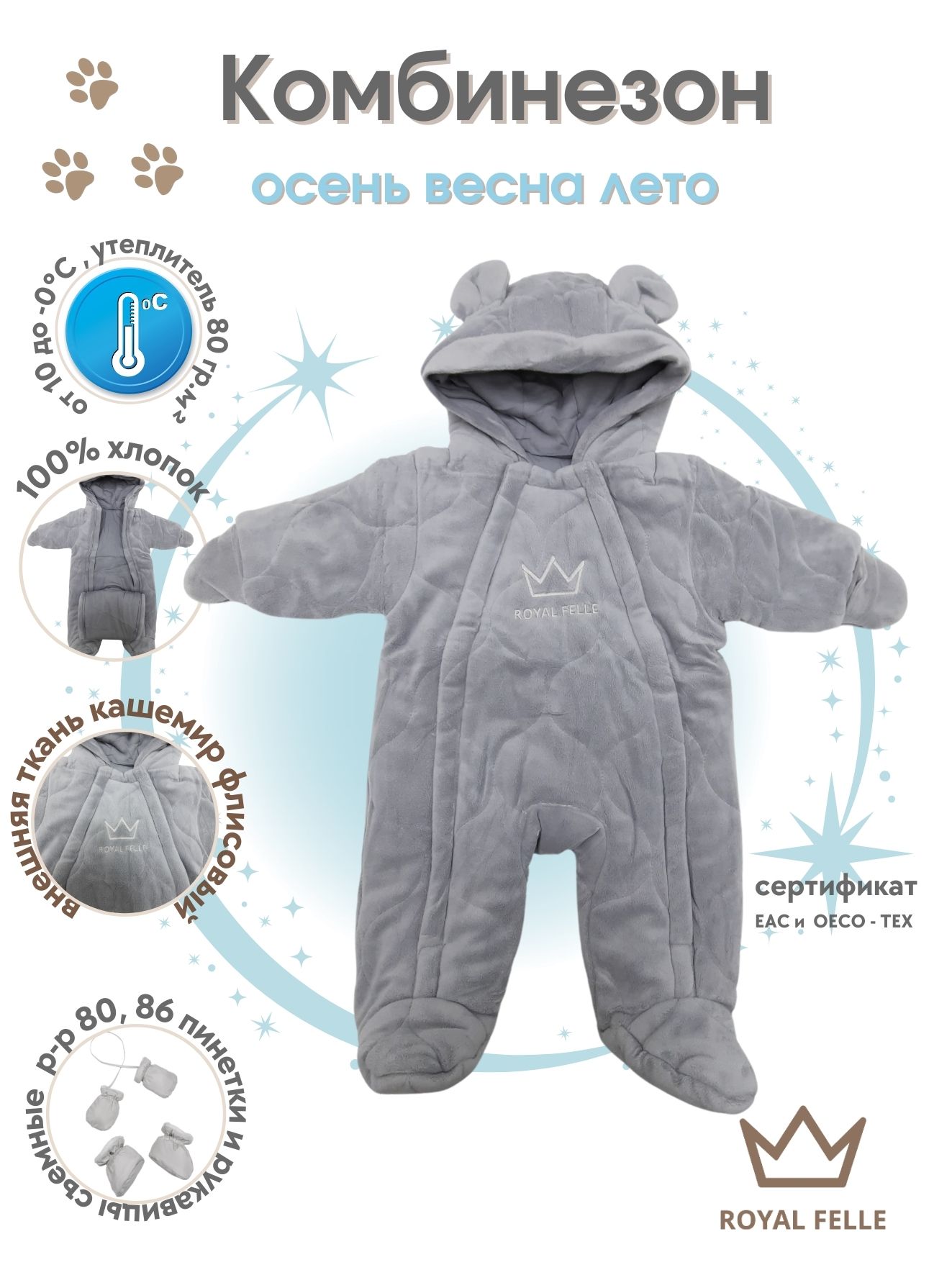 Комбинезон утепленный для новорожденных осень зима ROYAL FELLE Easy Grey размер 73