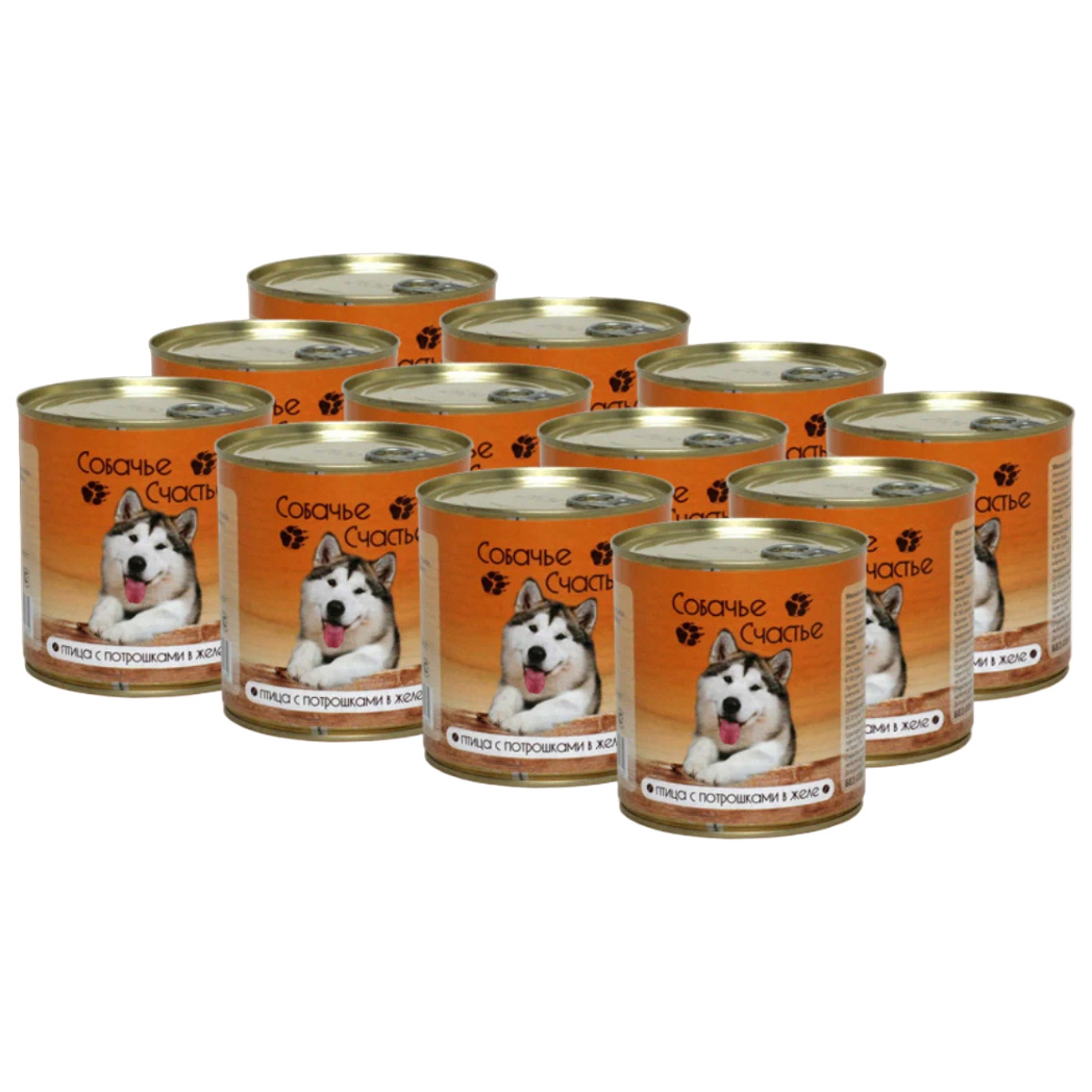 Консервы для собак Собачье Счастье, Птица с потрошками в желе, 12 шт по 750 г