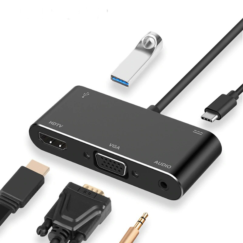 

Адаптер GSMIN USB Type-C-HDMI/VGA/USB A/USB Type-C/Jack 3.5, M-F Black (BT890508), BT890508