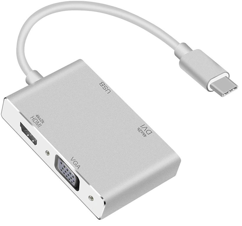 

Адаптер GSMIN USB Type-C-HDMI/DVI/VGA/USB A, M-F Silver (BT890509), BT890509