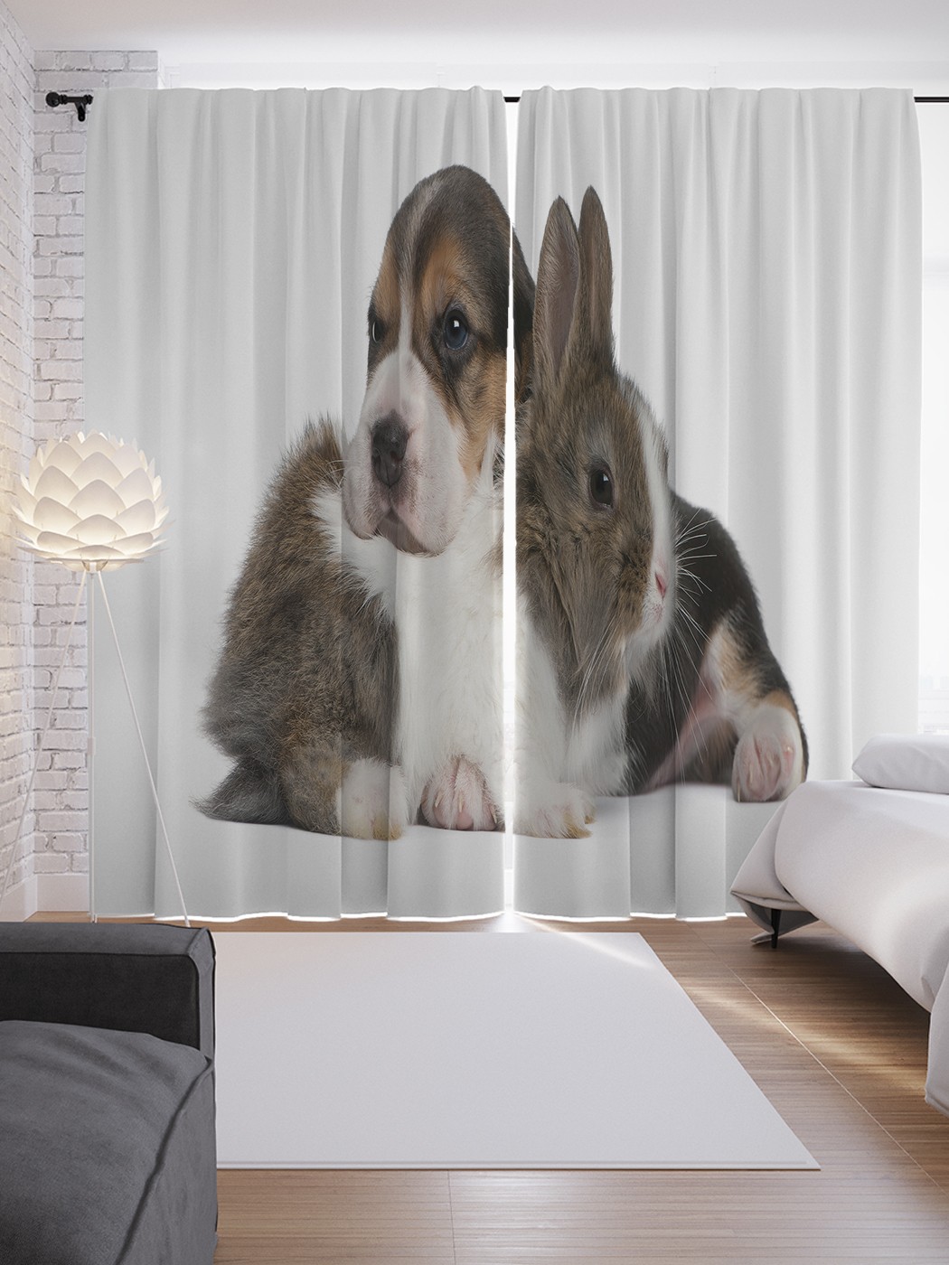 

Шторы JoyArty с фотопечатью "Щенок и кролик" из сатена, 290х265 см, Щенок и кролик