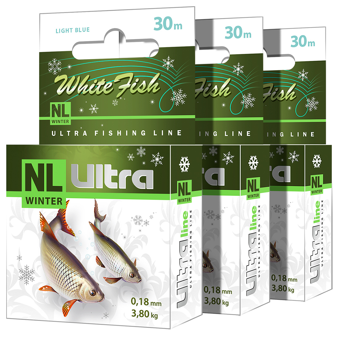 фото Леска зимняя aqua nl ultra winter white fish 30m 0,18mm, test - 3,80kg (набор 3 шт)