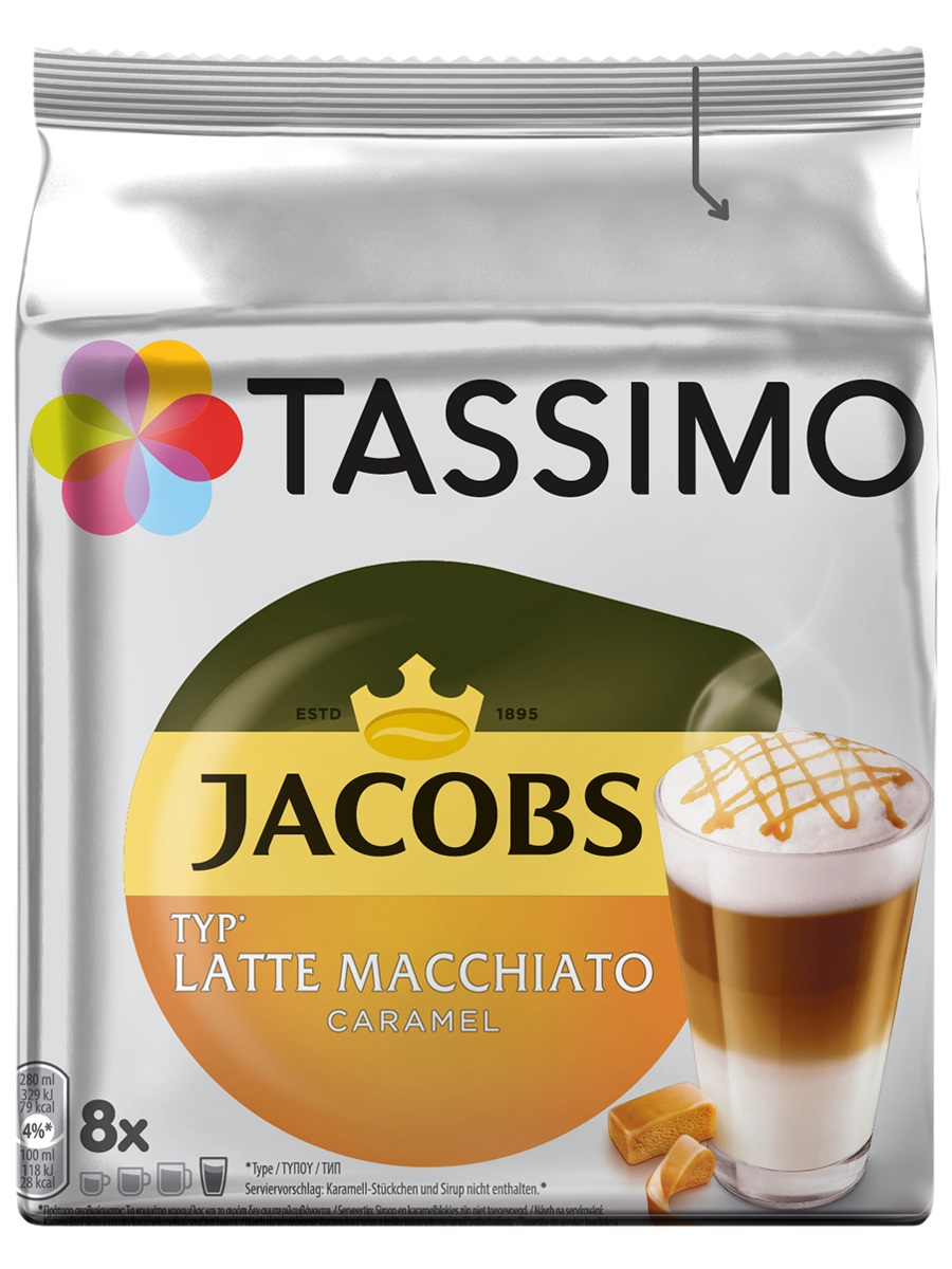 

Капсулы TASSIMO JACOBS Latte Macchiato Caramel 8 шт*8 г, молоко 8 шт*21,7 г Latte Caramel