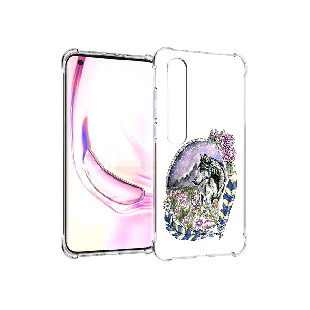 

Чехол MyPads Tocco для Xiaomi Mi 10 Pro нарисованный волк в цветах с перьями, Прозрачный, Tocco