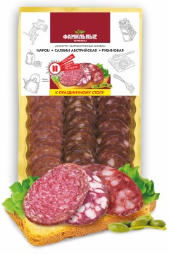 

Колбаса Фамильные Колбасы Napoli-Австрийская-Рубиновая ассорти сырокопченая 140 г