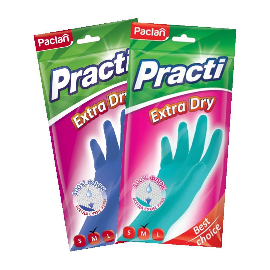 фото Комплект paclan practi extra dry перчатки резиновые (м) синий в ассортименте х 2 упак.