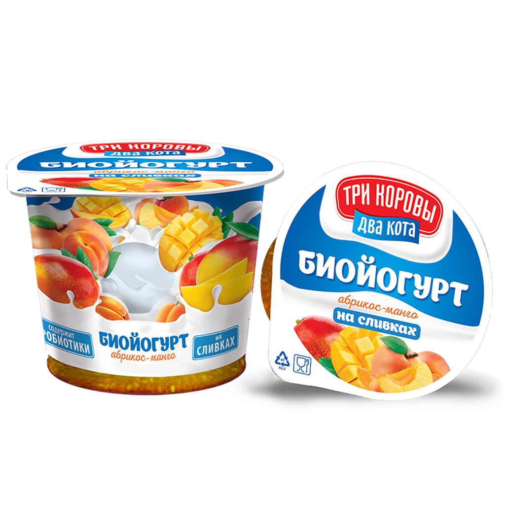 

Биойогурт Три коровы два кота с плодово-ягодным наполнителем абрикос-манго 6% 125 г