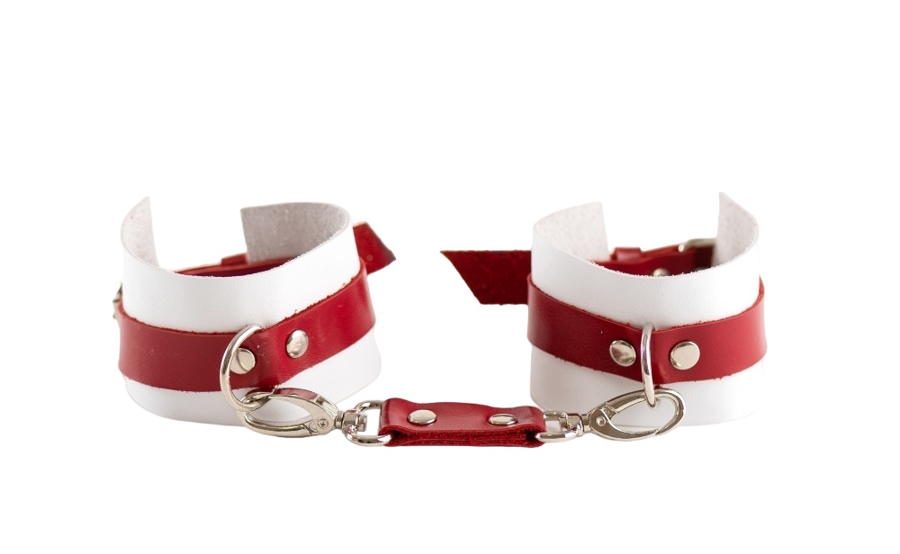 Наручники BDSM Арсенал из натуральной кожи Red-White