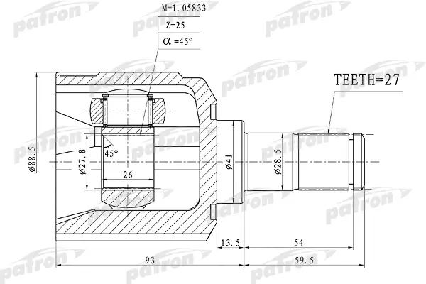 

ШРУС внутренний 27x41x25 HYUNDAI SANTA FE (BB) 00-06 PATRON PCV1160