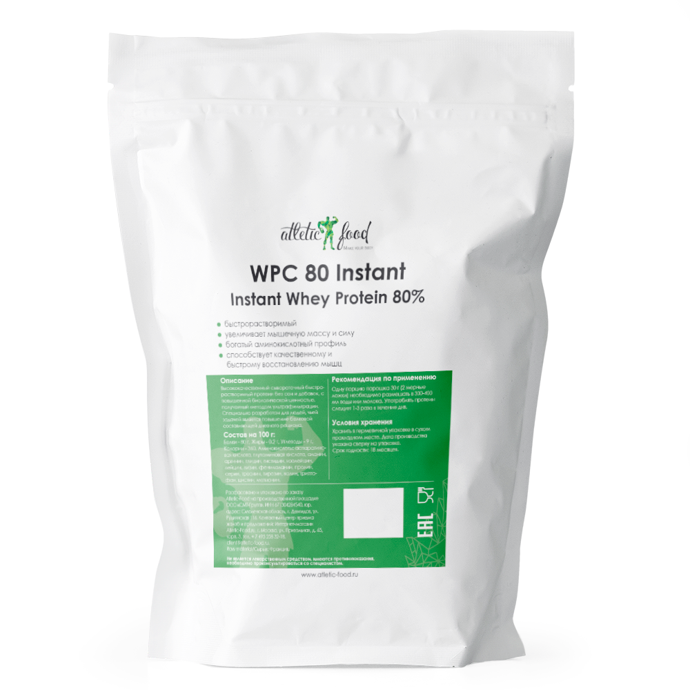 фото Протеин, atletic food сывороточный протеин wpc 80 instant - 1000 грамм, без вкуса