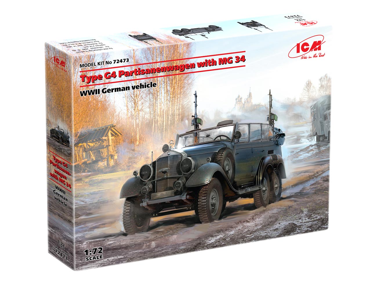 

Сборная модель ICM 1/72 Немецкий автомобиль 2МВ Тип G4 Partisanenwagen с MG 34 72473