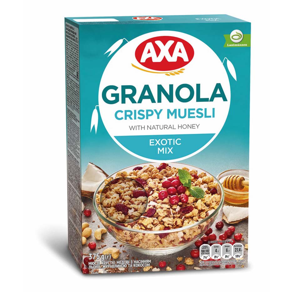 

Мюсли AXA хрустящие медовые с семенами льна, клюквой и кокосом
