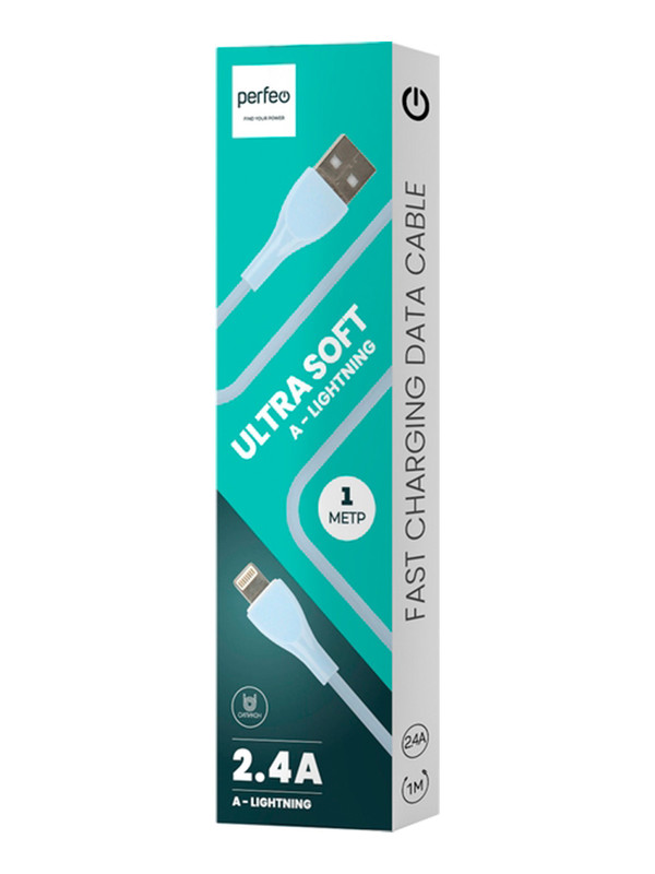 

Кабель Perfeo ULTRA SOFT USB A вилка - Lightning вилка, голубой, силикон, 1 м. (I4333), ULTRA SOFT