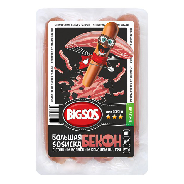 

Сосиски СПК Bigsos Большая Sosиска вареные с беконом 380 г