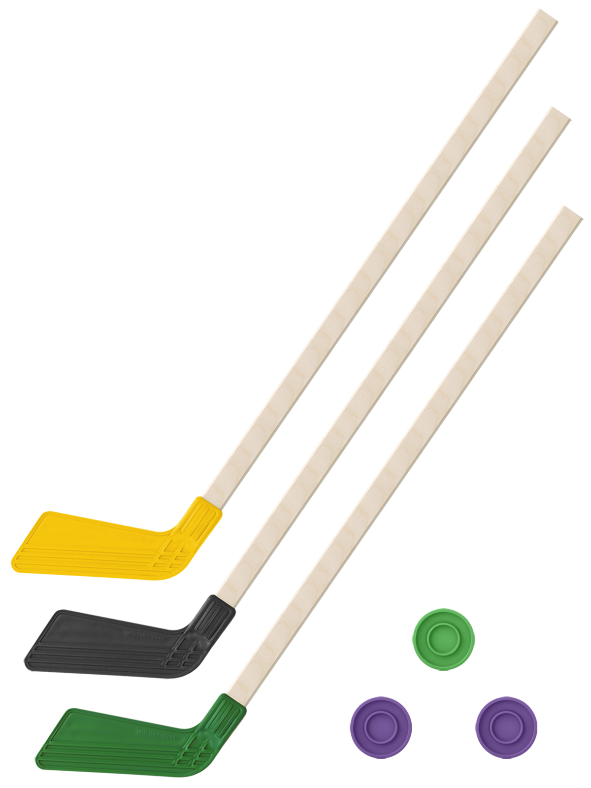 Детский хоккейный набор Задира-плюс 3 в 1 Клюшка хоккейная 80см (жел,черн,зел) + 3 шайбы