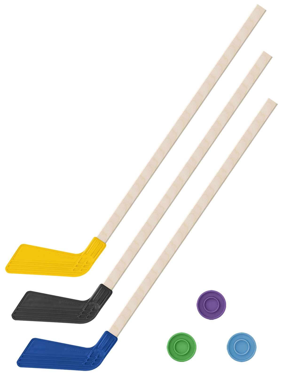 Детский хоккейный набор Задира-плюс 3 в 1 Клюшка хоккейная 80см (жёл,черн,син) + 3 шайбы