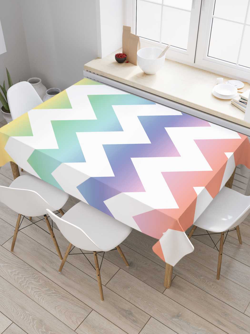 

Скатерть прямоугольная JoyArty "Цветные зигзаги" из оксфорда, 120x145 см, Белый, Цветные зигзаги