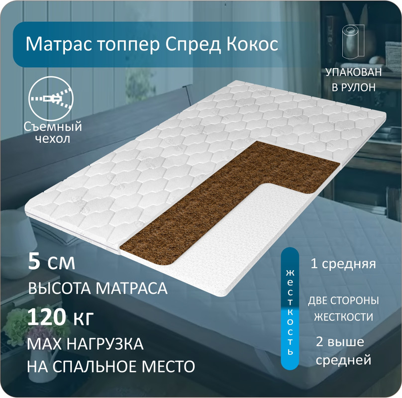 

Анатомический матрас топпер Anriz, Спред Кокос 180-200, Белый