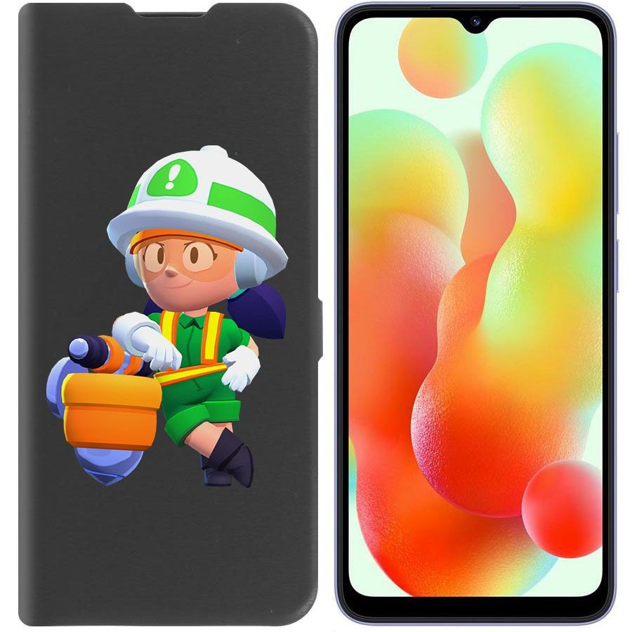 

Чехол-книжка Эко для Xiaomi Redmi 12C Brawl Stars-Строительница Джеки (черный)