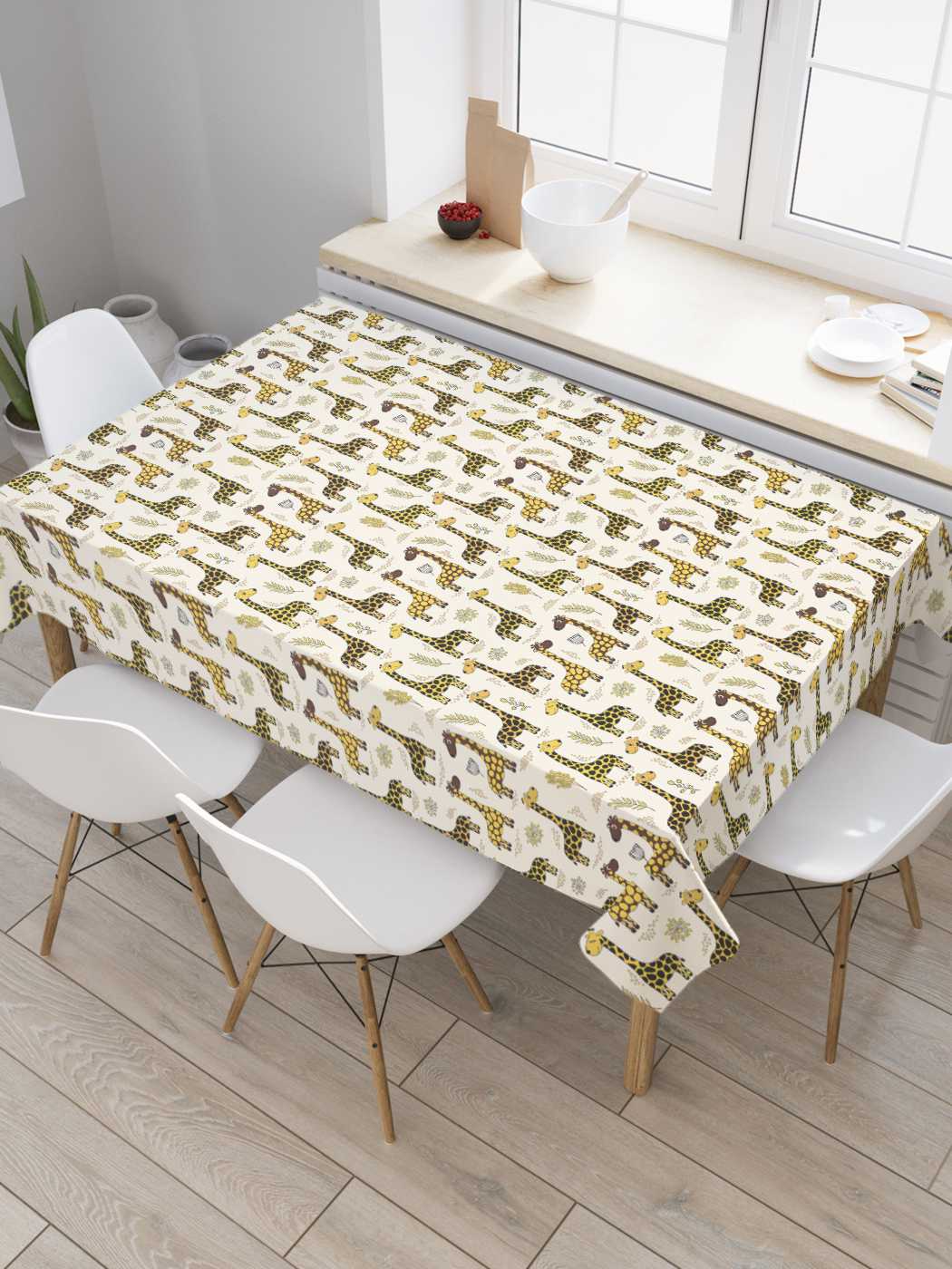 

Скатерть прямоугольная JoyArty "Милые жирафики" из оксфорда, 120x145 см, Бежевый, Милые жирафики