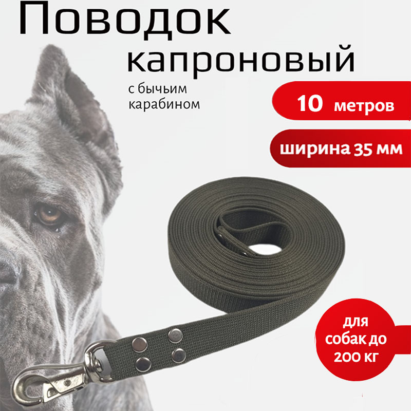 

Поводок для собак Хвостатыч с усиленным карабином,капрон,зеленый 10 м х 35 мм