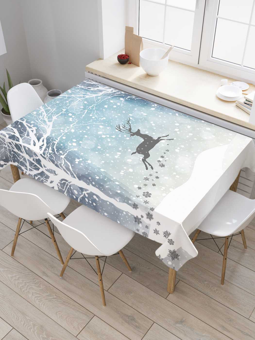 

Скатерть прямоугольная JoyArty "Олений след" из сатена, 180x145 см, Синий, Олений след