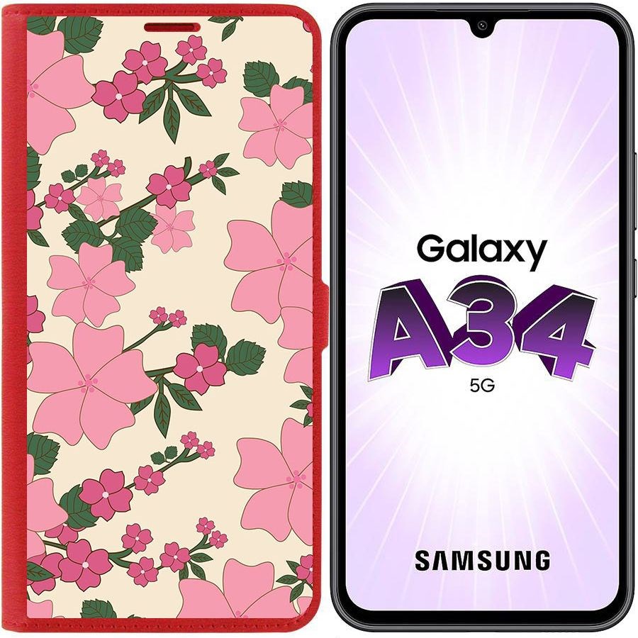 

Чехол-книжка Эко для Samsung Galaxy A34 5G (A346) Цветочный паттерн 1 (красный)