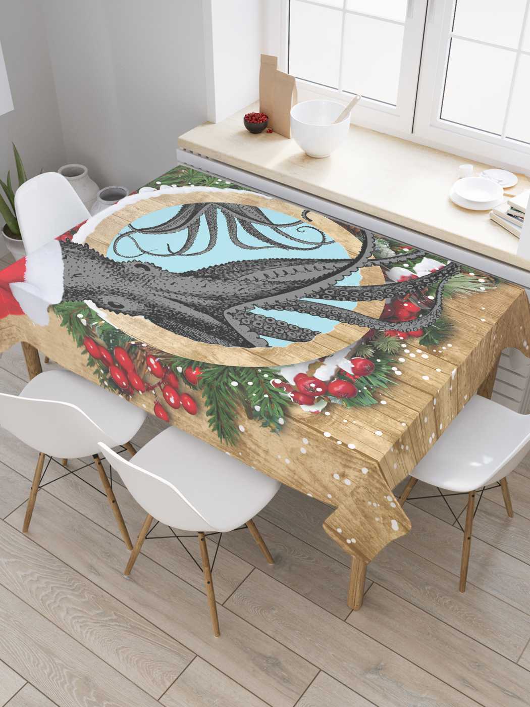 фото Скатерть прямоугольная joyarty "осьминог в рождественском венке" из сатена, 180x145 см